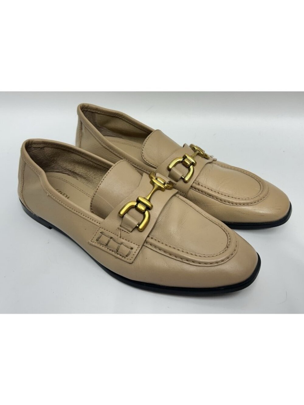ZARA Genuine Leather Flat Horsebit Loafers EU37 US6.5 Gold Detail Tan Preppy